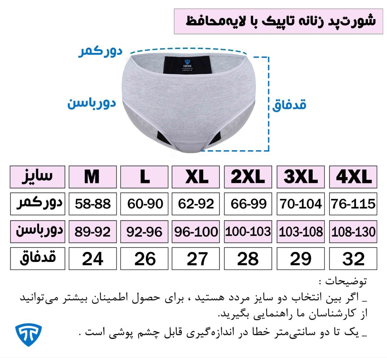جدول راهنمای سایز شورت پد جدول سایز شورت پد ملانژ