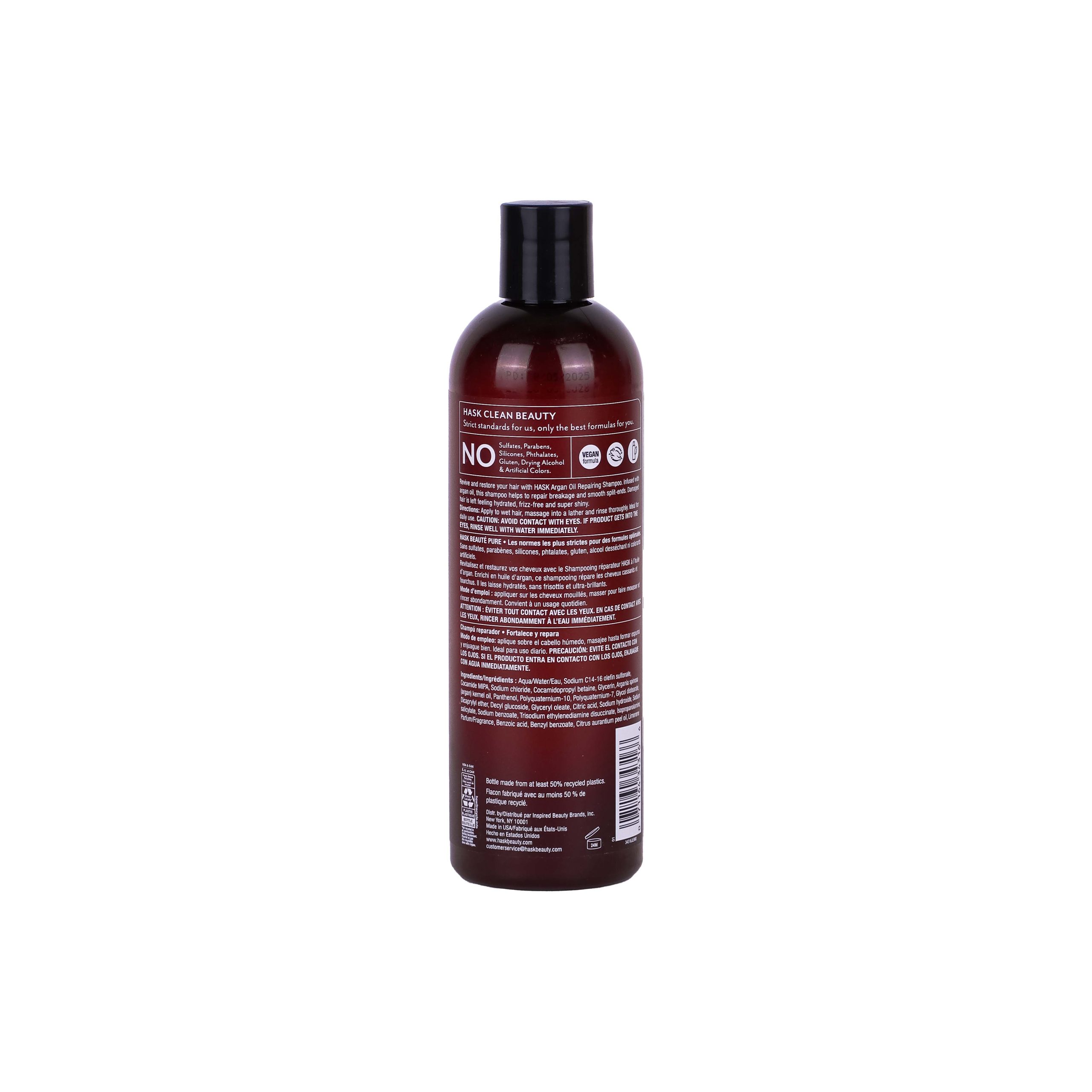 شامپو HASK Argan Oil Repairing با روغن آرگان، بدون سولفات و پارابن، مناسب موهای خشک و آسیبدیده. وگان، cruelty-free و حجم 355 میلیلیتر.